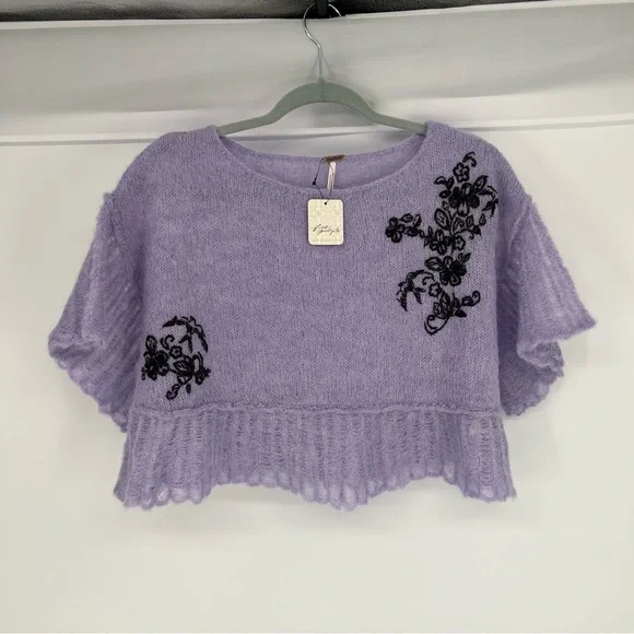Free People Purple Embroidered Alpaca Blend Cropped Pointelle Knit Sweater S NWT - Picture 2 of 10